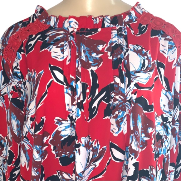 Suzanne Betro PLUS Pleated Front High Ruffle Collar Lace LS Blouse Red Shirt Top - Picture 2 of 6